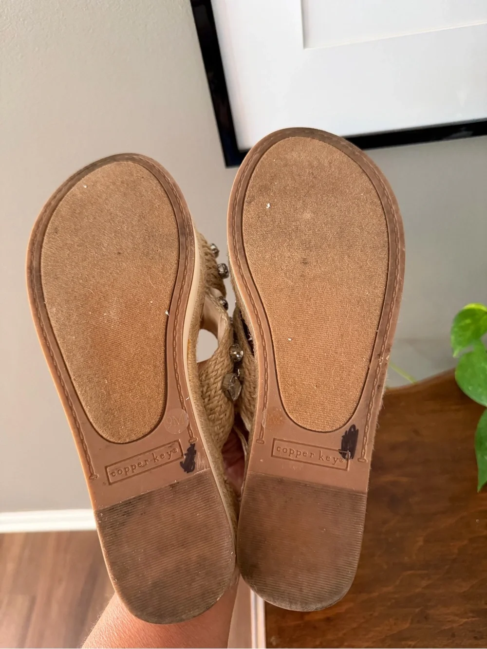 Copper Key Embellished Beige Wedge Sandals. Size 9